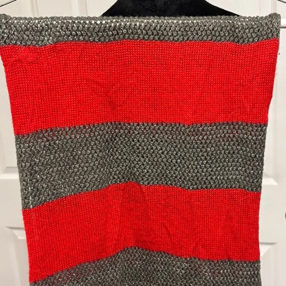 J. Jill Women's Red Gray Silver Sparkles Wide Striped Knit Head Neck Scarf Grey